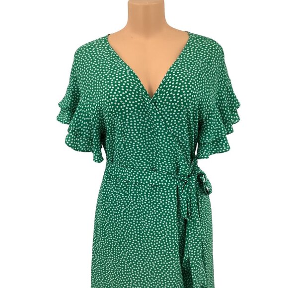 Max Studio Midi Wrap Dress Large With Ruffle Sleeves & Tie Waist Green Polka Dot - Picture 2 of 7